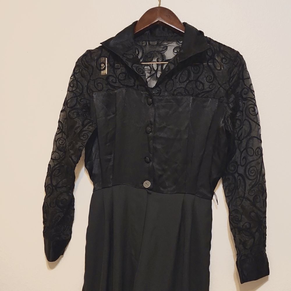 Vintage Angel Island Black Lace Faux Wrap Long Sleeve Pockets Tapered Jumpsuit s